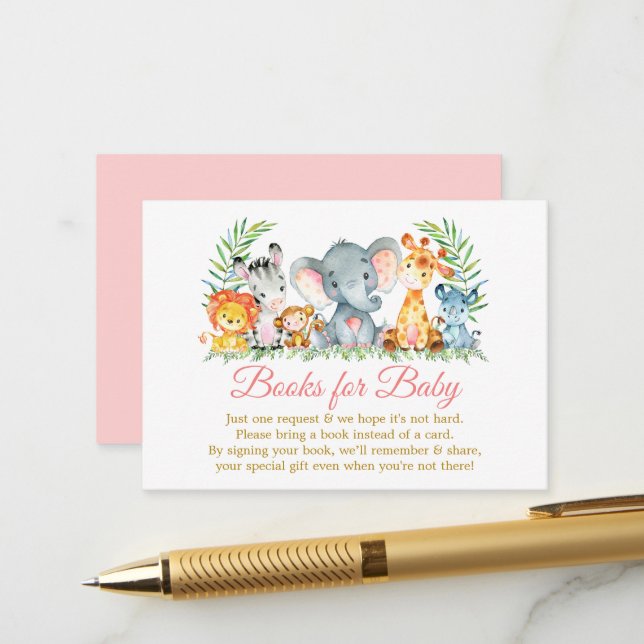 Safari-Tiere Wasserfarbe Rosa Gold Bücher für Baby Begleitkarte (Vorderseite/Rückseite Beispiel)
