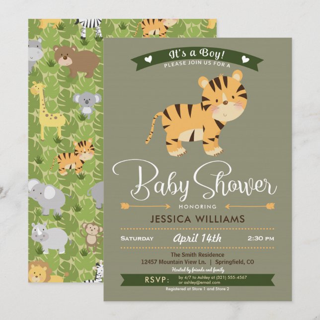 Safari Tiger Baby shower Invitation garçon (Devant / Derrière)