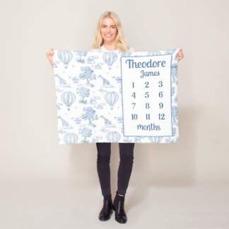SAFARI TOILE MILESTONE Blanket, Baby Boy Blue Toy Fleecedecke