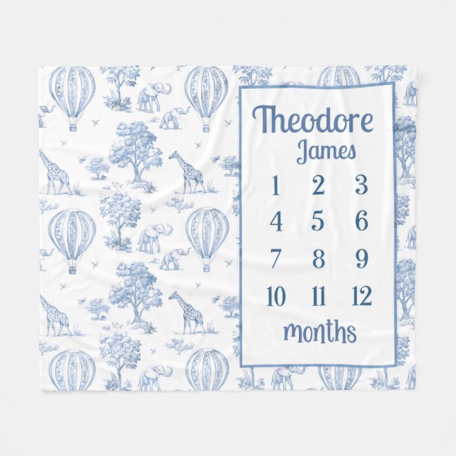 SAFARI TOILE MILESTONE Blanket, Baby Boy Blue Toy Fleecedecke (Vorderseite (Horizontal))