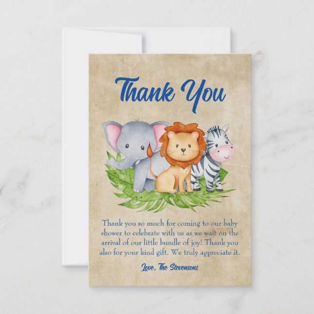 Safari Tropical Jungle Animals Baby Boy Dusche Dankeskarte (Vorderseite)