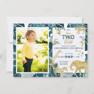 Safari Two Wild Birthday Foto Greenery & Gold Einladung