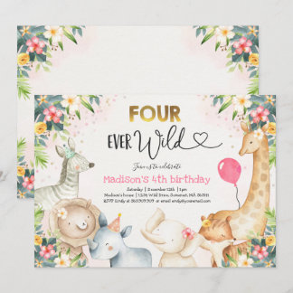 Safari Vier Mal Wild Geburtstag Einladung Rosa