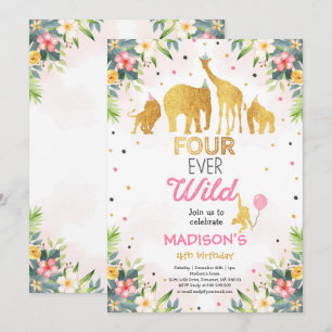 Safari Vier Mal Wild Geburtstag Einladung Rosa