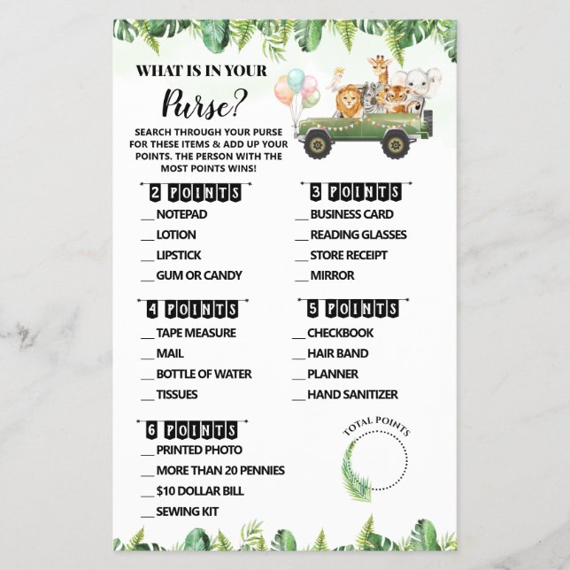 Safari Was in Ihrer Purse Baby Shower Game Card st Flyer (Vorne)