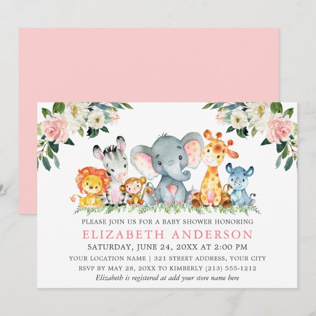 Safari Wasserfarben Tiere Rosa Blütendusche Einladung (Vorne/Hinten)