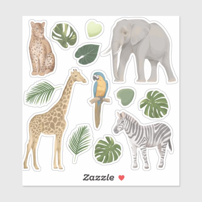 Safari Wild Animals Tropical Blätter Aufkleber (Blatt)