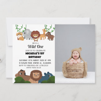 Safari Wild ein einfaches First Birthday Baby Foto Einladung
