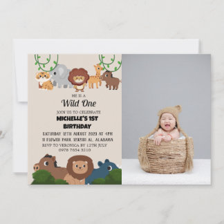 Safari Wild ein einfaches First Birthday Baby Foto Einladung