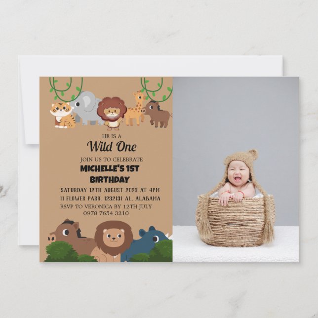 Safari Wild ein einfaches First Birthday Baby Foto Einladung (Vorderseite)