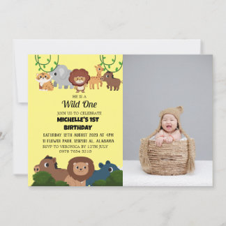 Safari Wild ein einfaches First Birthday Baby Foto Einladung