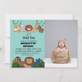 Safari Wild ein einfaches First Birthday Baby Foto Einladung