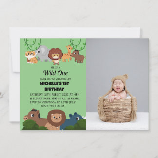 Safari Wild ein einfaches First Birthday Baby Foto Einladung