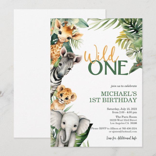 Safari Wild Einladung zum 1. Geburtstag (Vorne/Hinten)