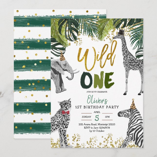 Safari Wild Einladung zum ersten Geburtstag (Vorne/Hinten)