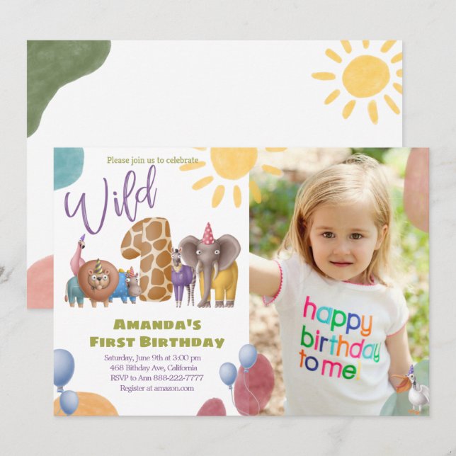Safari Wild One Avec Photo Anniversaire Invitation (Devant / Derrière)