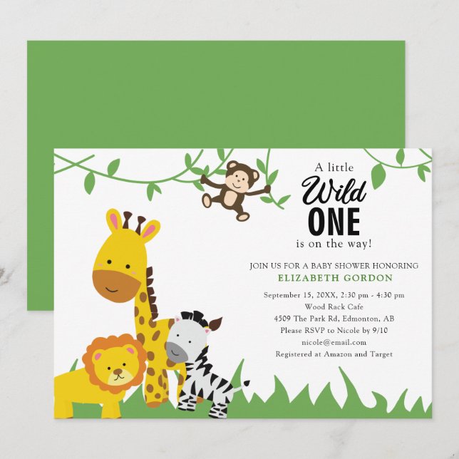 Safari Wild One Baby Shower Jungle Animals Niedlic Einladung (Vorne/Hinten)
