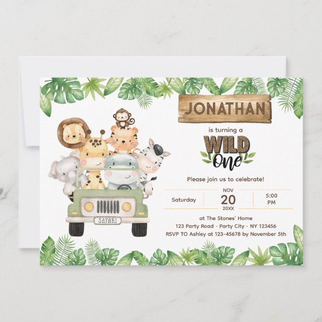 Safari Wild One Birthday Einladung Niedlicher Tier (Vorderseite)