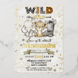 Safari Wild One Birthday Party Real Gold Folieneinladung