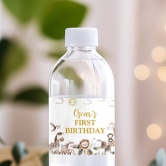 Safari Wild One Birthday Party Water Bottle Label (Von Creator hochgeladen)