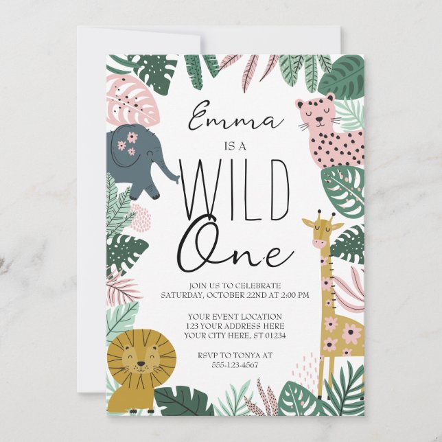 Safari Wild One Einladung, Jungle First Geburtstag Einladung (Vorderseite)
