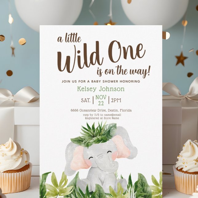 Safari Wild One Elephant Greenerenery Baby Shower Einladung (Von Creator hochgeladen)