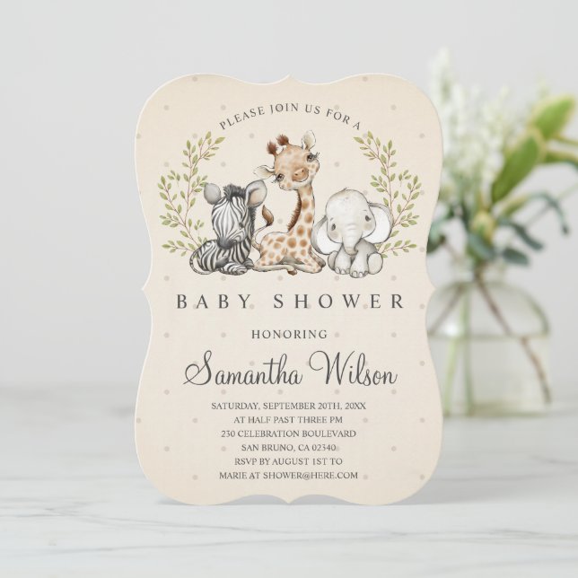 Safari Wild One Gungle Animals Baby Dusche Einladung (Stehend Vorderseite)