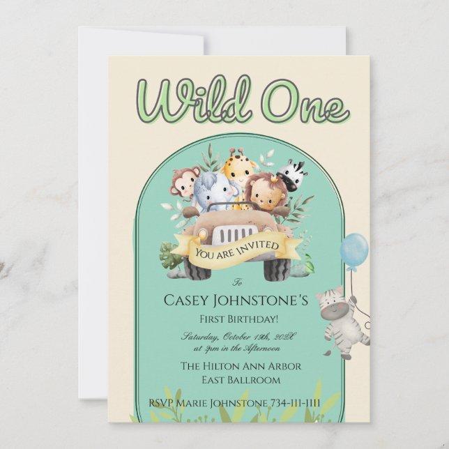 Safari Wild One Watercolor 1st Birthday Einladung (Vorderseite)