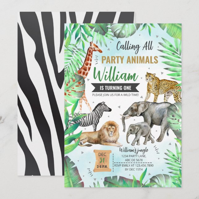 Safari Wild Party Tiere Geburtstag Einladung (Vorne/Hinten)
