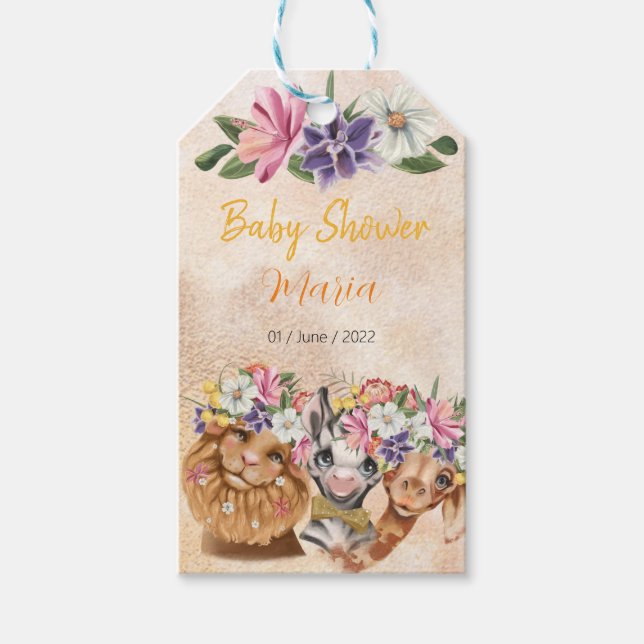Safari Wildbaby Dusche Einladung Gold Geschenkanhänger (Vorderseite)