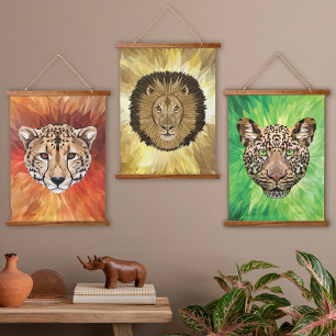 Safari-Wildkatzen Moderne Abstrakte Polygonal Pop- Wandteppich Mit Holzrahmen