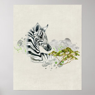 Safari Zebra mit grüner Savannah Tree Wasserfarbe Poster