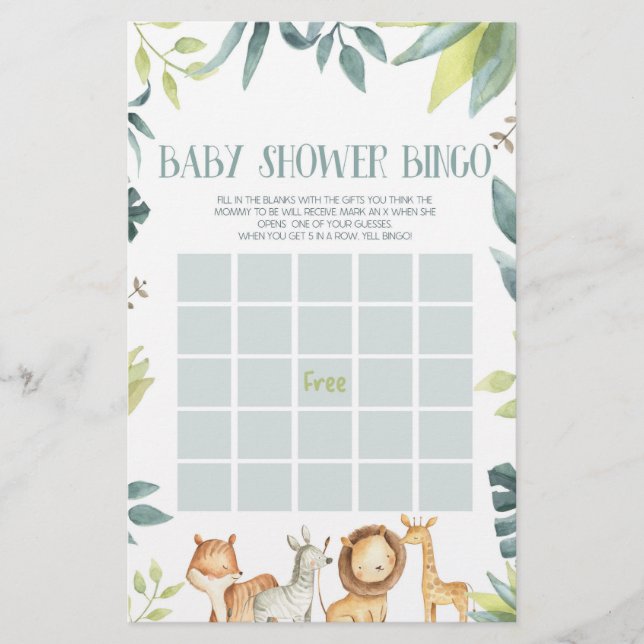 Safari Zoo Jungle Animals Bingo Baby Showspiel Briefpapier (Vorderseite)