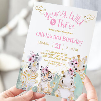 Safari Zoo Pink Gold Floral Girl 3. Geburtstag Einladung