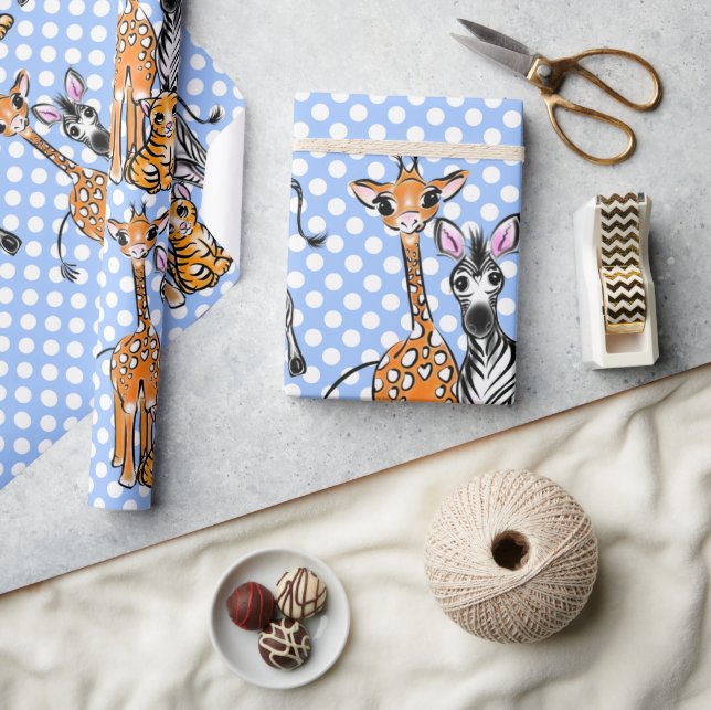 Safarifreunde, Giraffen, Zebra, Tiger, blaue Polka Geschenkpapier (Kunsthandwerk)