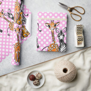 Safarifreunde, Giraffen, Zebra, Tiger, rosa Polka Geschenkpapier