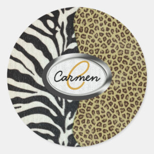 Safarileopard-und Zebra-Druck-Monogramm Runder Aufkleber