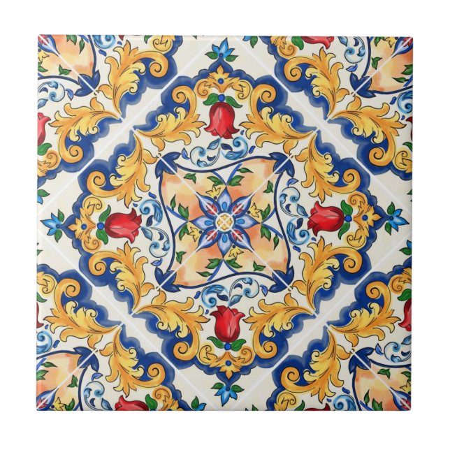 Saffron Rote Floral Sicilian Majolica Mittelmeer Fliese (Vorderseite)
