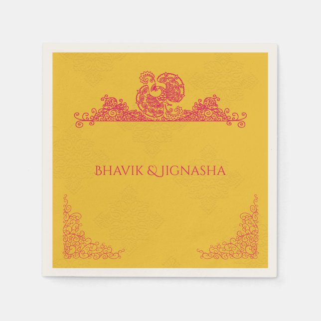Saffron und Pink Peacock Indian Wedkin Napkin Serviette (Vorderseite)