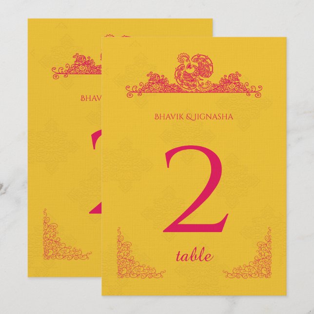 Saffron und Pink Peacock Indische Tischnummer (Vorne/Hinten)