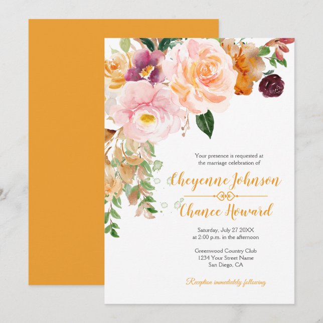 Saffron Yellow Pink Mauve Rustikale Hochzeit | Einladung (Vorne/Hinten)