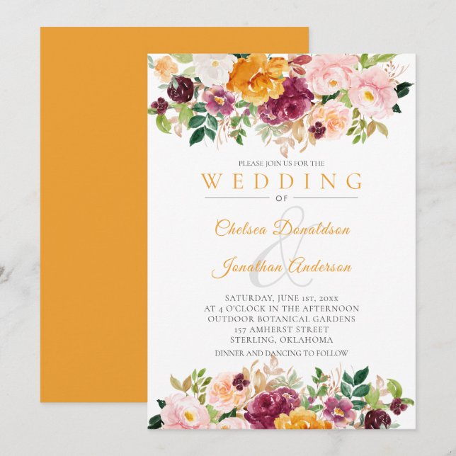 Safran, Rosa, Burgunder Wasserfarben Rose Hochzeit Einladung (Vorne/Hinten)