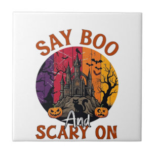Sag Boo Gruseliges Halloween Spukhaus Schwarze Kat Fliese