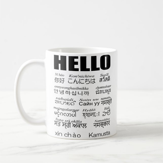 Sag Hallo in 15 asiatischen Sprachen. Kaffeetasse (Links)