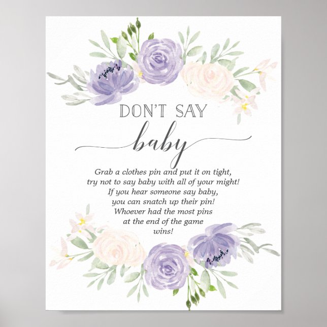 Sag kein Baby Pastel Lila Baby Shower Game Poster (Vorne)
