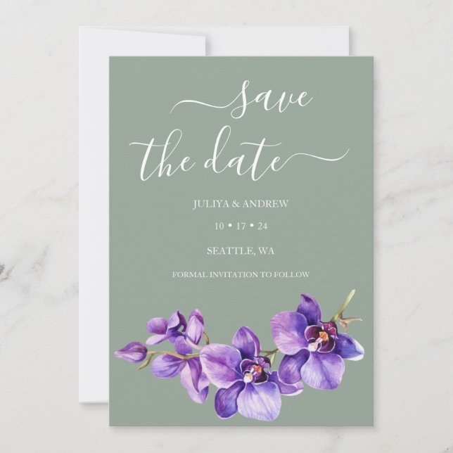 Saga green mit Orchid Blume Einmalige Hochzeit Save The Date (Vorderseite)