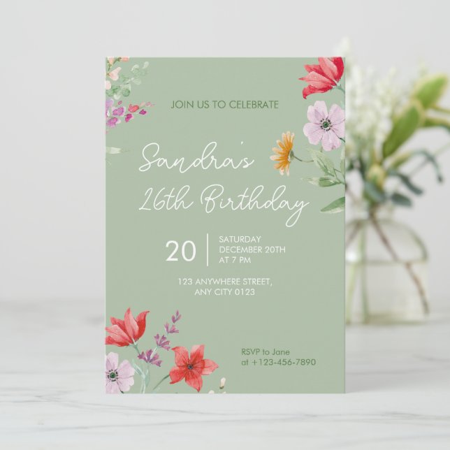 Sage 26th Birthday Invitation Simple floral (Debout devant)