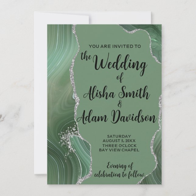 Sage Agate & Silver Glitzer Einladung zur Hochzeit (Vorderseite)