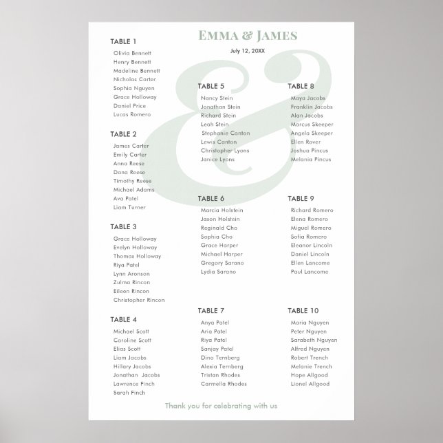 Sage Ampersand Hochzeit | 10 Sitzplan Poster (Vorne)