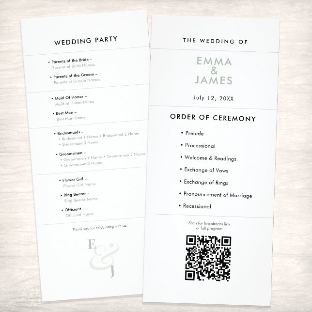 Sage Ampersand Mariage | Programme | Code QR (A Sage green minimalist wedding program featuring clean typography, signature ampersand and QR code.)
